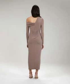 Self-portrait READY TO WEAR Taupe Jersey One Shoulder Ruched Midi Dress