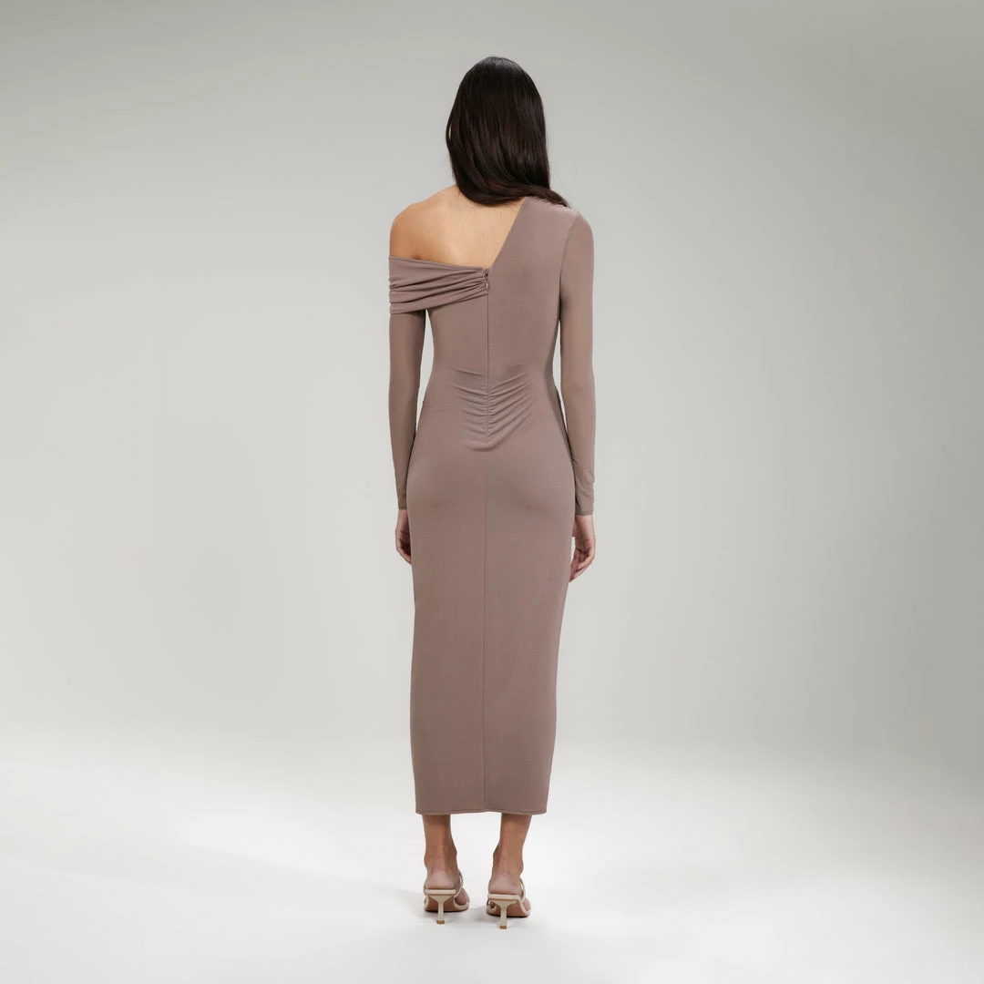 Self-portrait READY TO WEAR Taupe Jersey One Shoulder Ruched Midi Dress