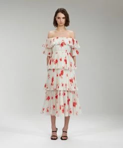 Self-portrait Wild Daisy Print Pleated Strapless Midi Dress