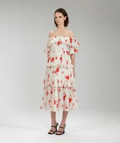 Self-portrait Wild Daisy Print Pleated Strapless Midi Dress