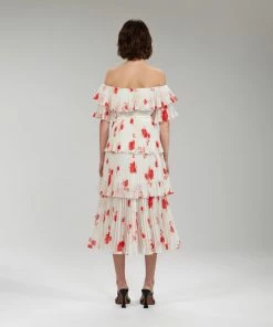 Self-portrait Wild Daisy Print Pleated Strapless Midi Dress