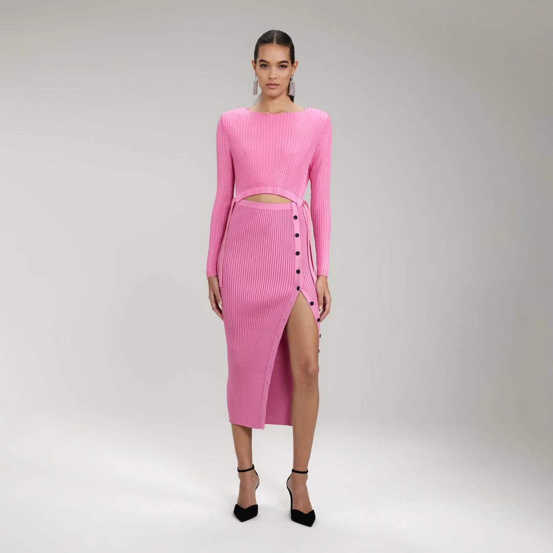Self-portrait Pink Viscose Ribbed Knit Midi Dress