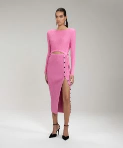 Self-portrait Pink Viscose Ribbed Knit Midi Dress