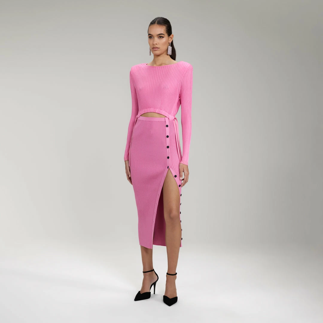 Self-portrait Pink Viscose Ribbed Knit Midi Dress