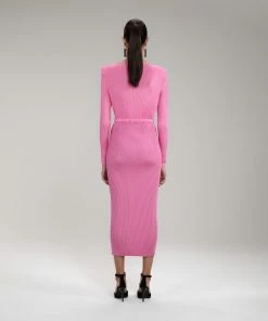 Self-portrait Pink Viscose Ribbed Knit Midi Dress