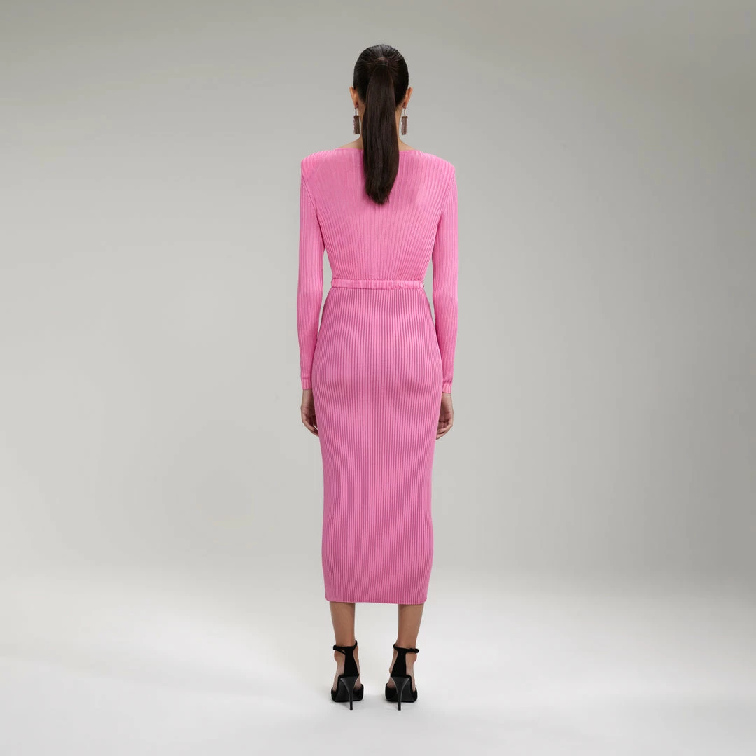 Self-portrait Pink Viscose Ribbed Knit Midi Dress