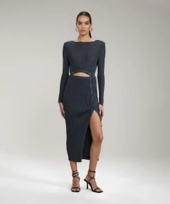 Self-portrait Slate Viscose Ribbed Knit Midi Dress