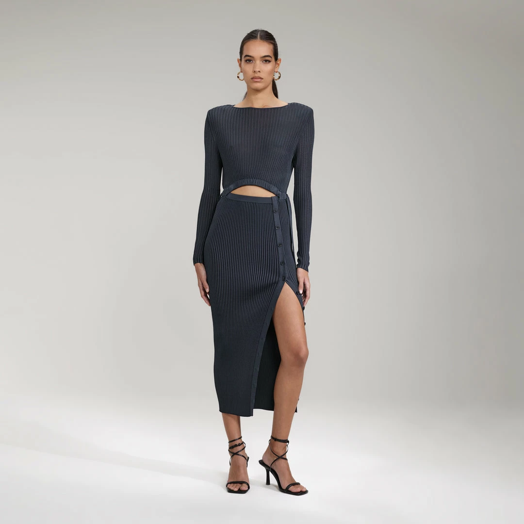 Self-portrait Slate Viscose Ribbed Knit Midi Dress