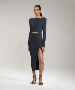 Self-portrait Slate Viscose Ribbed Knit Midi Dress