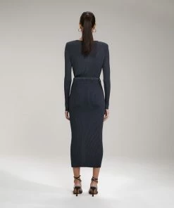 Self-portrait Slate Viscose Ribbed Knit Midi Dress