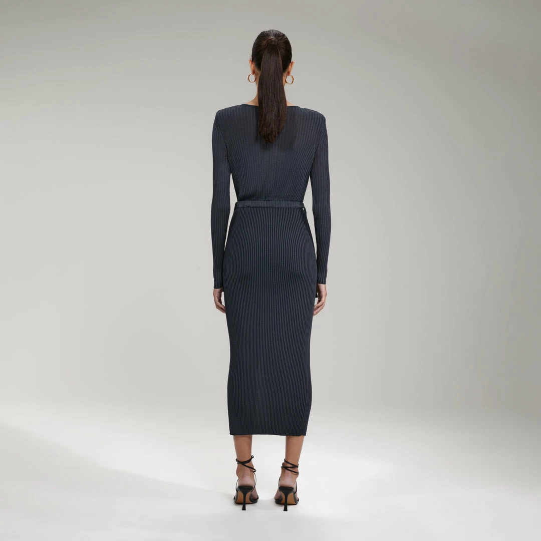 Self-portrait Slate Viscose Ribbed Knit Midi Dress