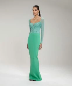 Self-portrait READY TO WEAR Green Column Maxi Knit Skirt