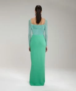 Self-portrait READY TO WEAR Green Column Maxi Knit Skirt