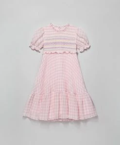 Self-portrait Pink Gingham Print Smocked Long Dress