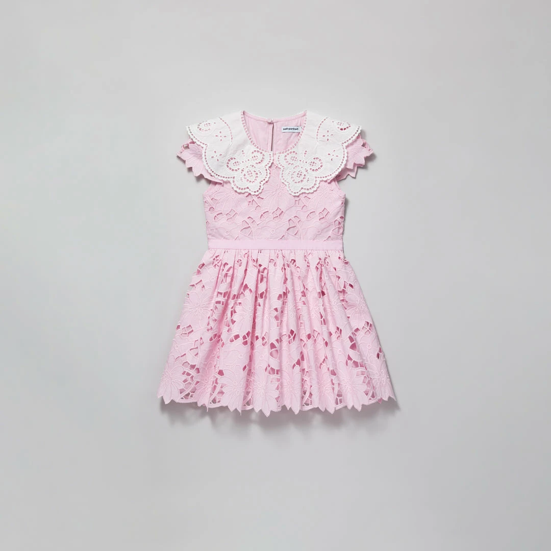 Self-portrait Pink Cotton Guipure Broderie Collar Dress KIDS