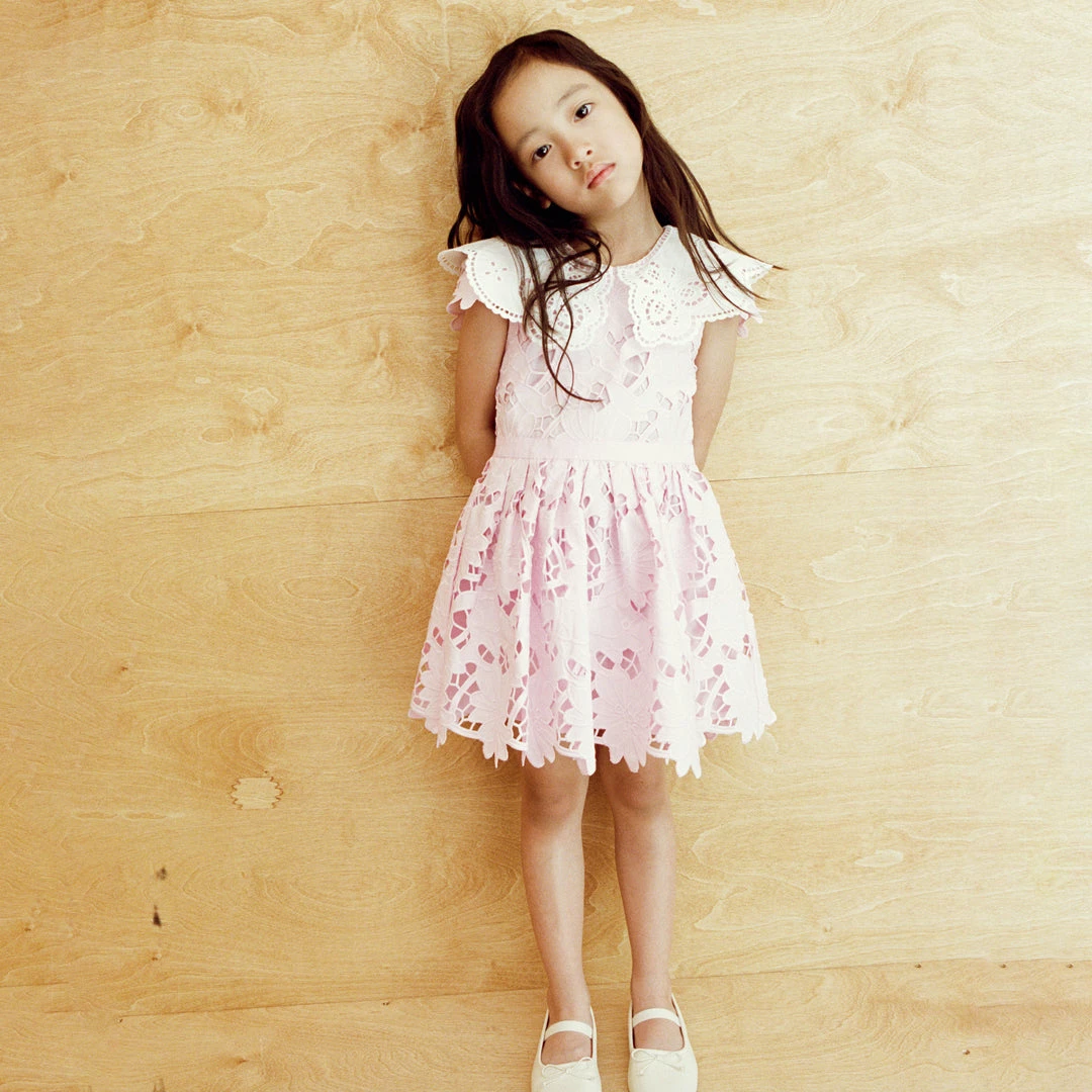 Self-portrait Pink Cotton Guipure Broderie Collar Dress KIDS