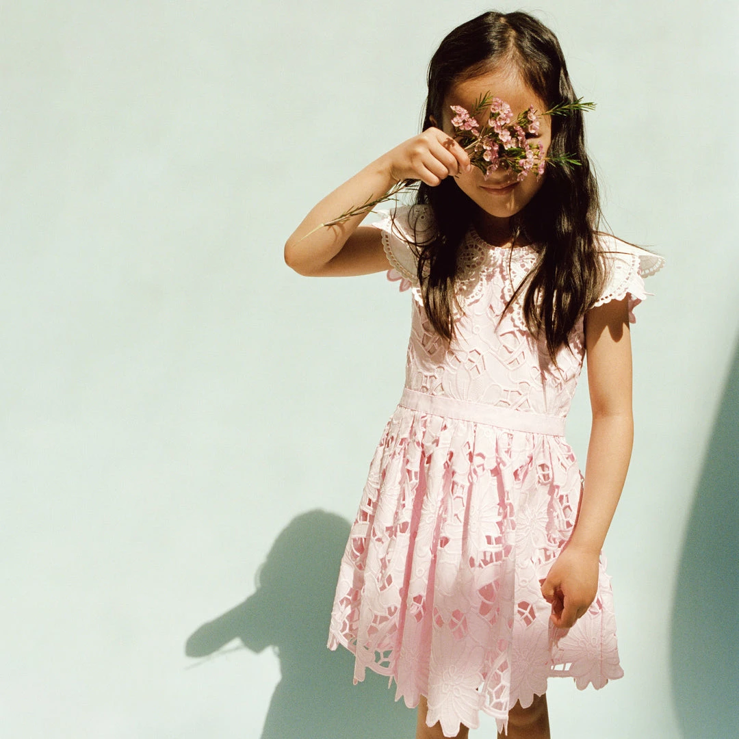 Self-portrait Pink Cotton Guipure Broderie Collar Dress KIDS