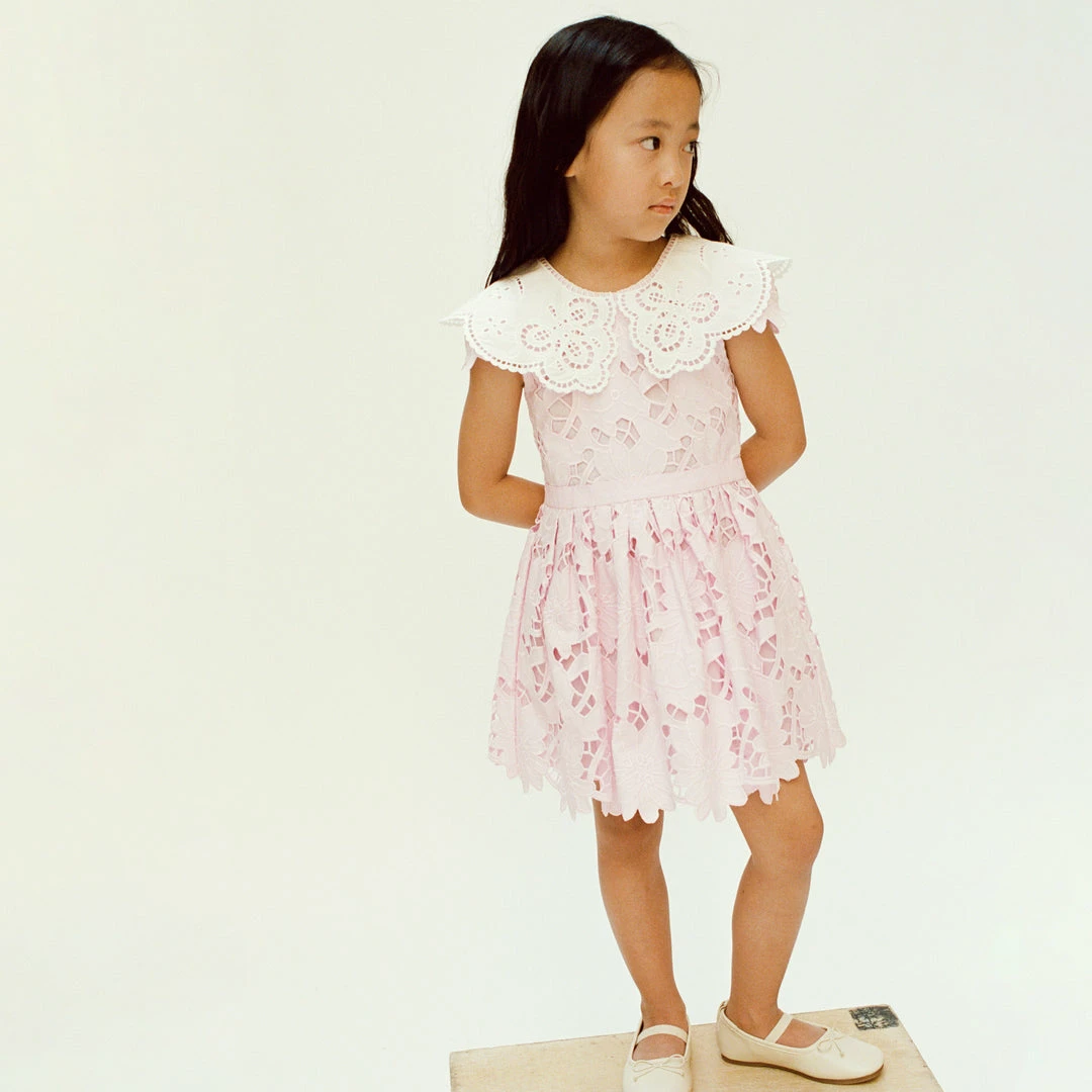 Self-portrait Pink Cotton Guipure Broderie Collar Dress KIDS
