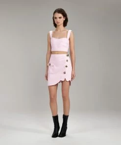 Self-portrait NEW ARRIVALS Light Pink Denim Cropped Top