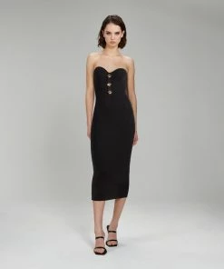 Self-portrait Black Strapless Ribbed Knit Midi Dress NEW ARRIVALS