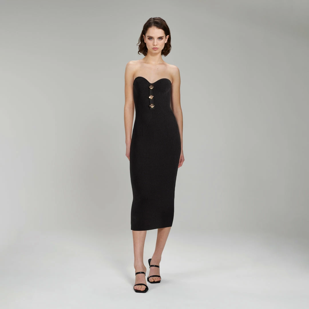 Self-portrait Black Strapless Ribbed Knit Midi Dress NEW ARRIVALS