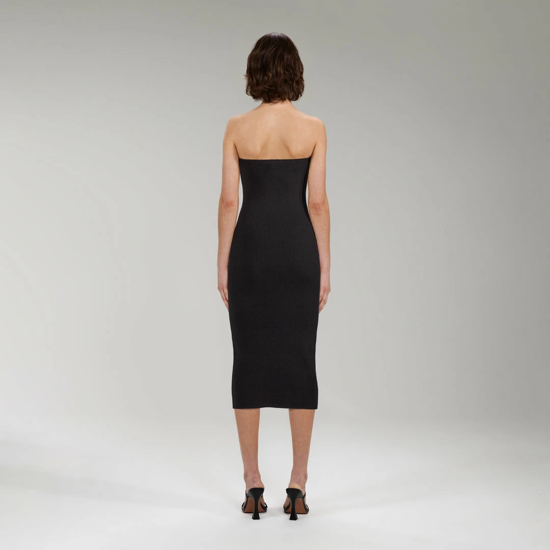 Self-portrait Black Strapless Ribbed Knit Midi Dress NEW ARRIVALS