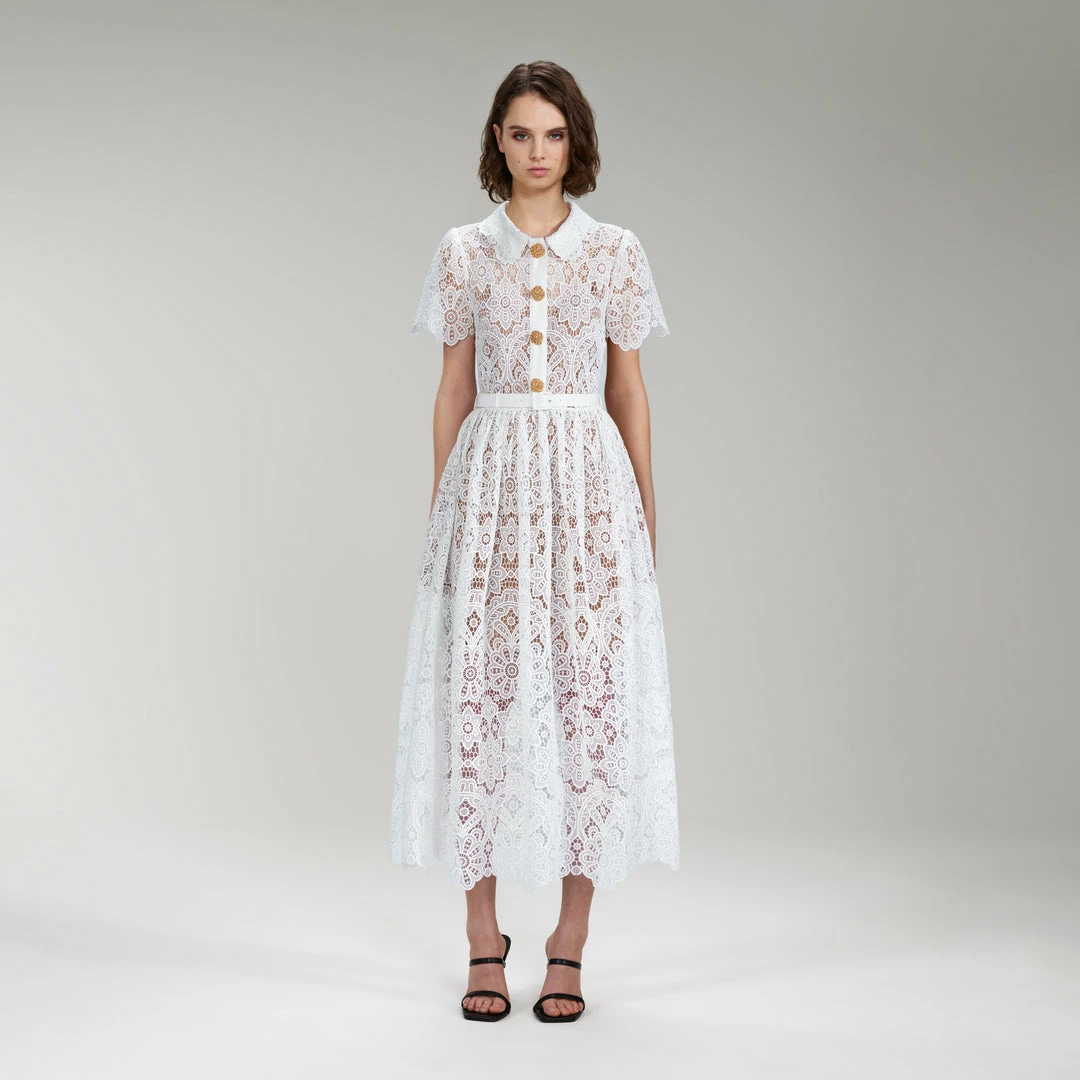 Self-portrait White Floral Guipure Lace Midi Dress READY TO WEAR