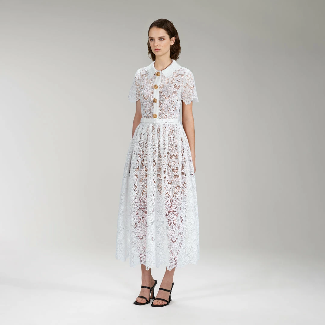 Self-portrait White Floral Guipure Lace Midi Dress READY TO WEAR