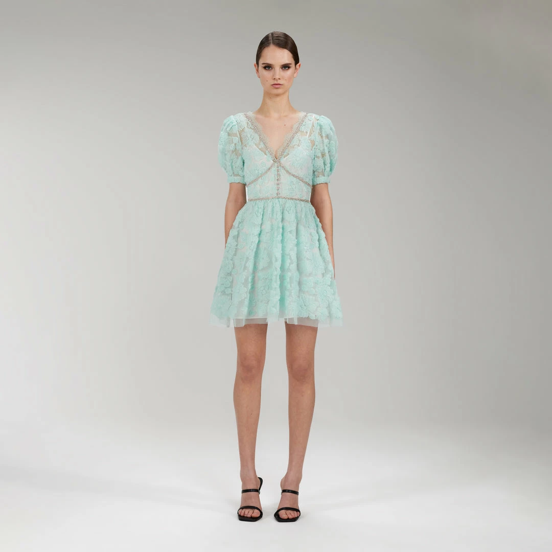 Self-portrait Mint Ribbon Lace Mini Dress