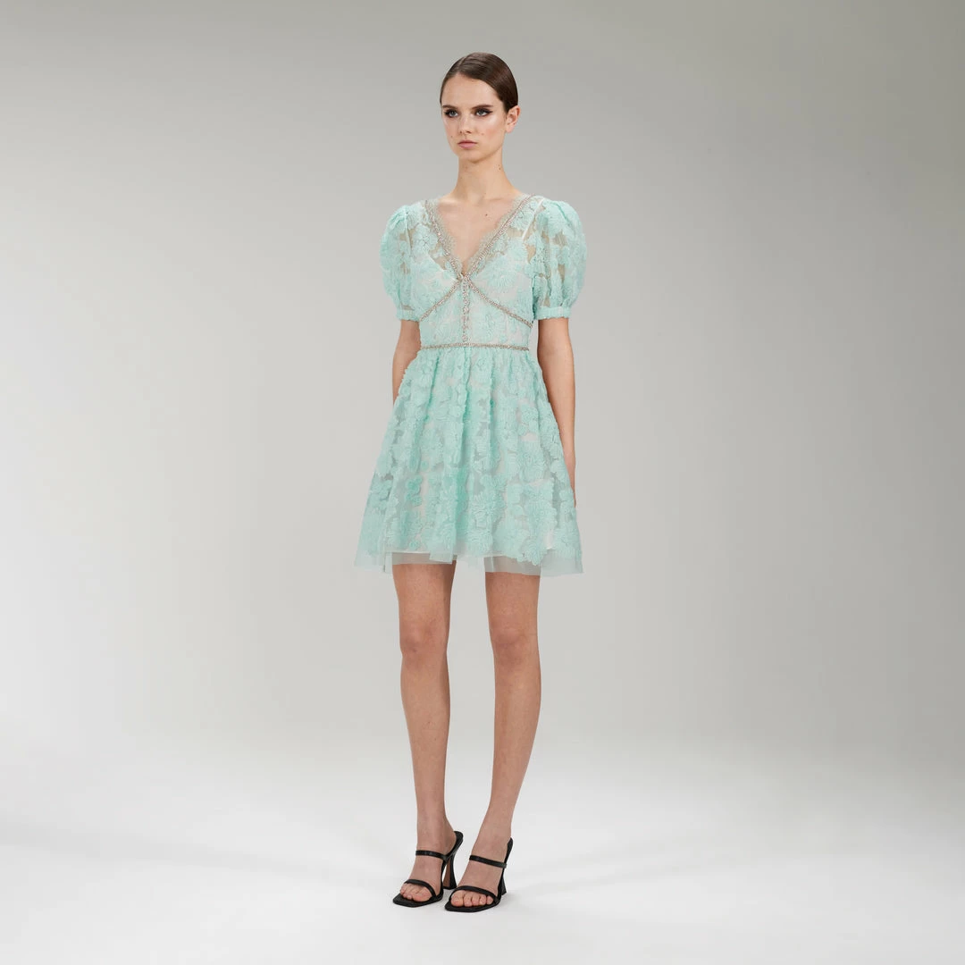 Self-portrait Mint Ribbon Lace Mini Dress
