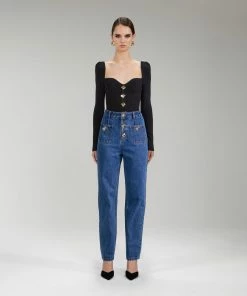 Self-portrait Black Long Sleeve Ribbed Knit Top