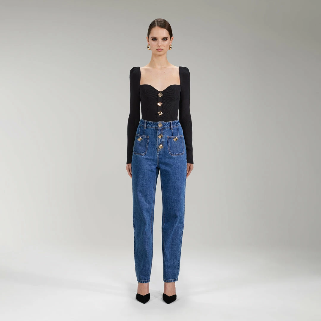 Self-portrait Black Long Sleeve Ribbed Knit Top