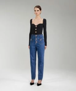 Self-portrait Black Long Sleeve Ribbed Knit Top