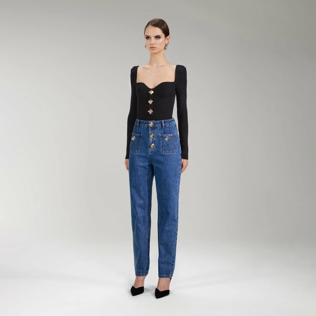 Self-portrait Black Long Sleeve Ribbed Knit Top