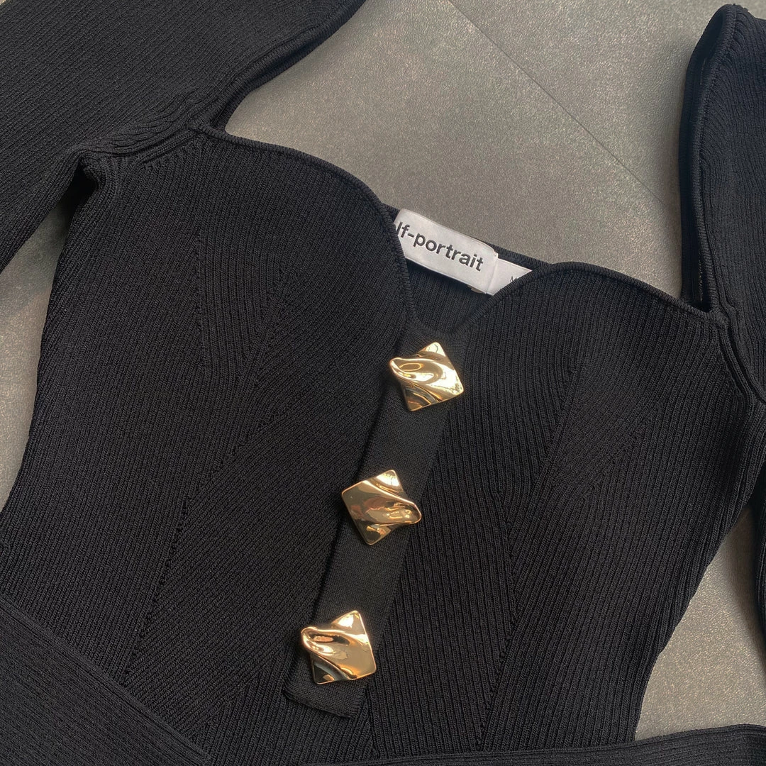 Self-portrait Black Long Sleeve Ribbed Knit Top