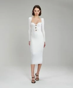 Self-portrait NEW ARRIVALS White Long Sleeve Ribbed Knit Midi Dress