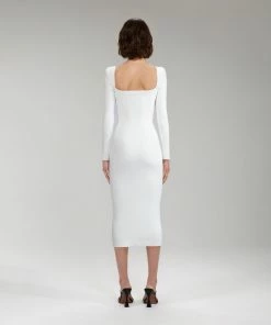 Self-portrait NEW ARRIVALS White Long Sleeve Ribbed Knit Midi Dress