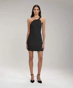 Self-portrait NEW ARRIVALS Black One Shoulder Ribbed Knit Mini Dress