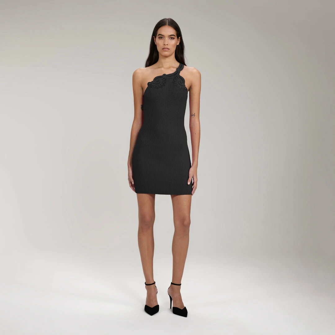 Self-portrait NEW ARRIVALS Black One Shoulder Ribbed Knit Mini Dress