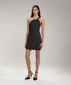 Self-portrait NEW ARRIVALS Black One Shoulder Ribbed Knit Mini Dress