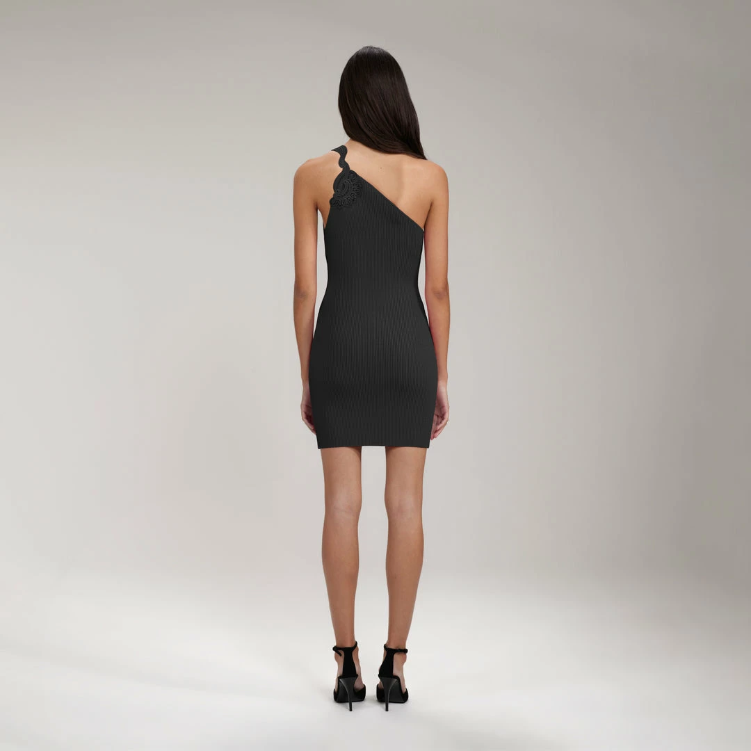 Self-portrait NEW ARRIVALS Black One Shoulder Ribbed Knit Mini Dress