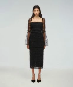 Self-portrait Black Dot Mesh Midi Dress