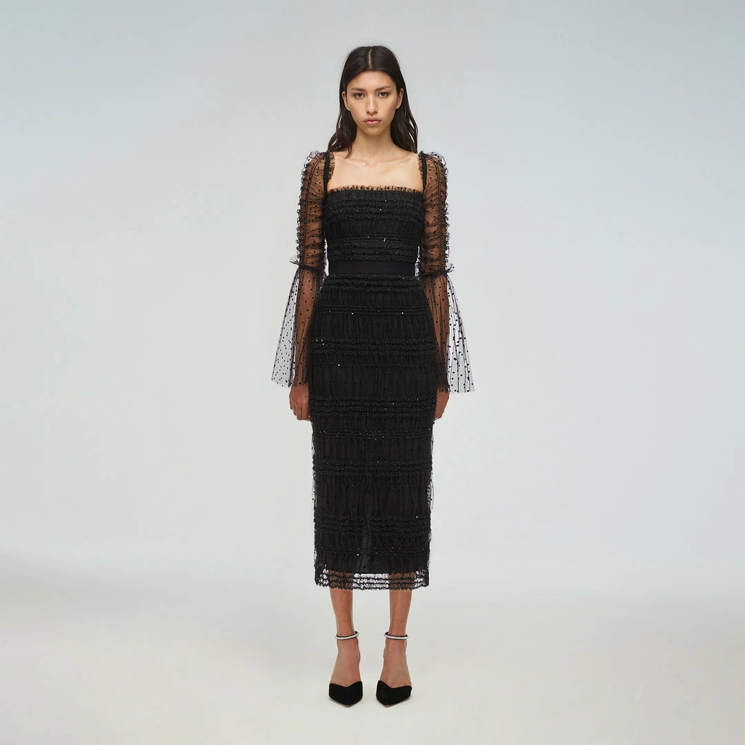 Self-portrait Black Dot Mesh Midi Dress