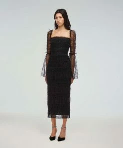 Self-portrait Black Dot Mesh Midi Dress