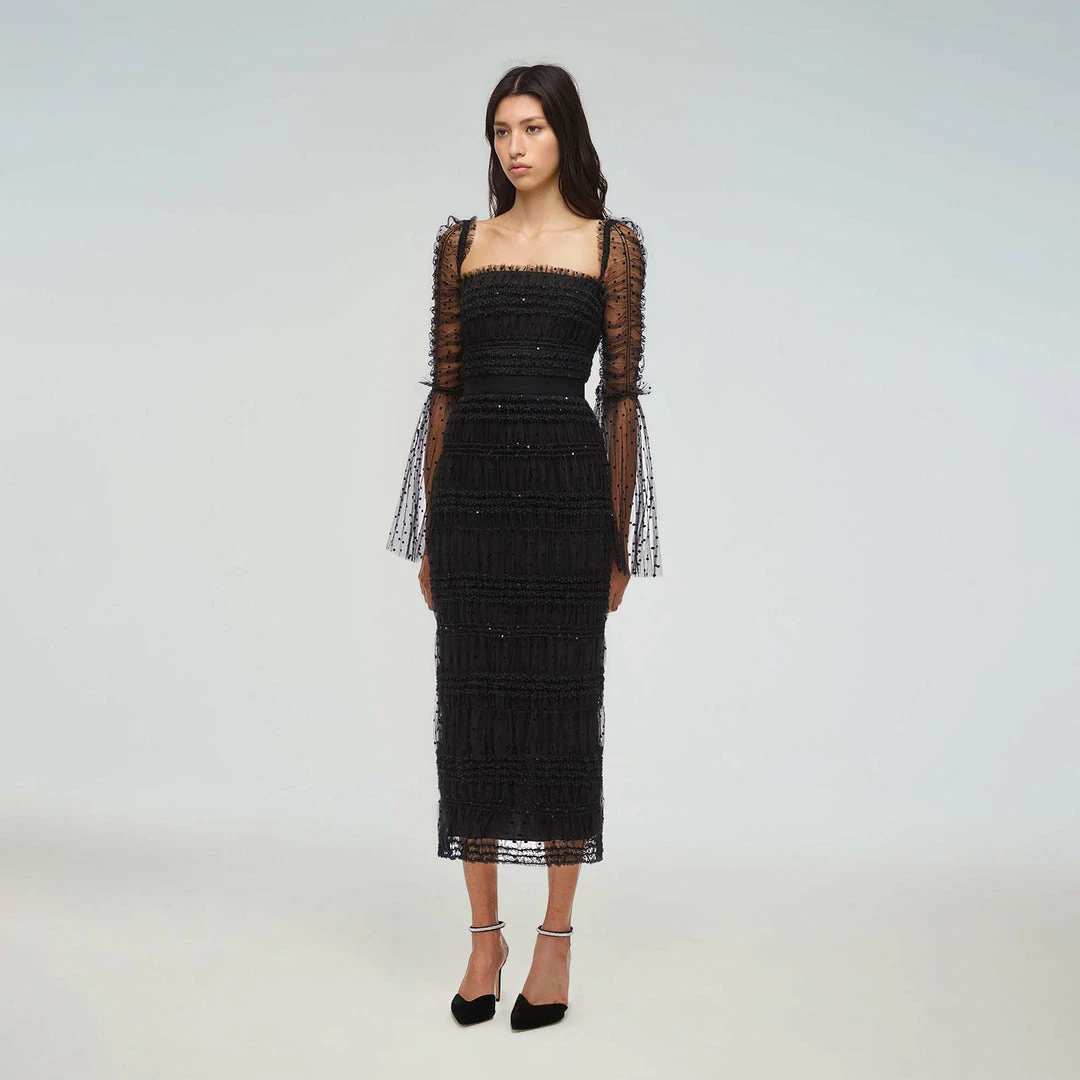 Self-portrait Black Dot Mesh Midi Dress