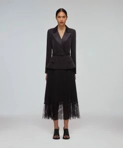 Self-portrait Black Tailored Crepe And Chiffon Midi Dress READY TO WEAR