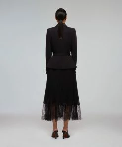 Self-portrait Black Tailored Crepe And Chiffon Midi Dress READY TO WEAR