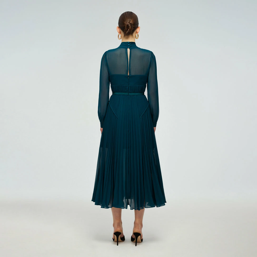 Self-portrait Teal Chiffon Scallop Midi Dress READY TO WEAR