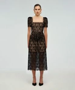 Self-portrait Black Guipure Fitted Midi Dress