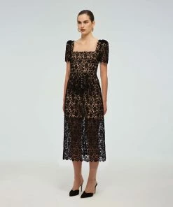 Self-portrait Black Guipure Fitted Midi Dress